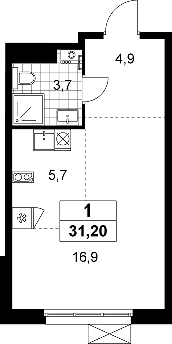 Планировка: Студия 31,2 м² в ЖК «Прокшино»
