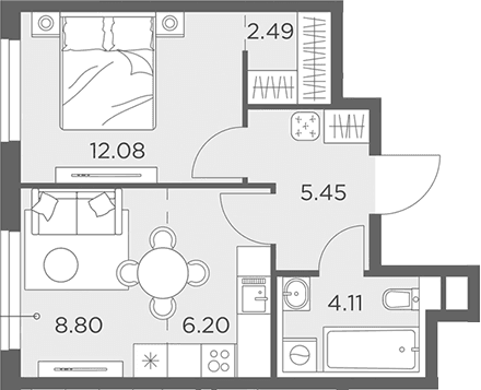 Планировка: Евродвушка 39,1 м² в ЖК «Одинград, квартал Семейный»