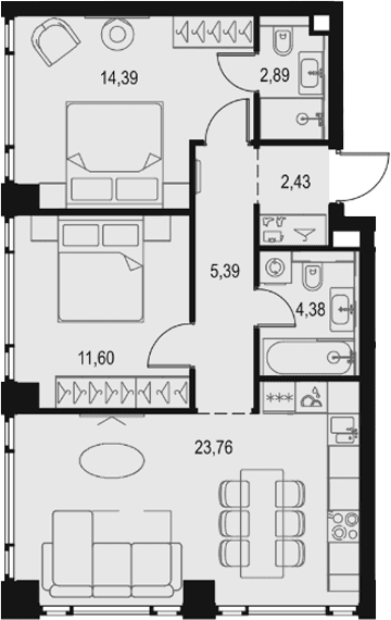 Планировка: Евротрёшка 64,8 м² в ЖК «Левел Павелецкая Сити»