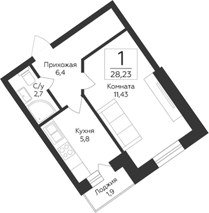 Планировка: 1-комнатная квартира 26,3 м² в ЖК «Гардарика Клаб»