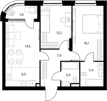 Планировка: Евротрёшка 66,6 м² в ЖК «Адмирал»