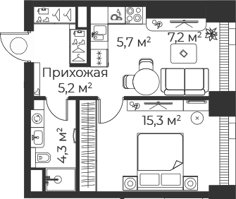 Планировка: Евродвушка 37,8 м² в ЖК «Веер»