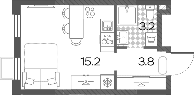 Планировка: Студия 22,2 м² в ЖК «Лучи»
