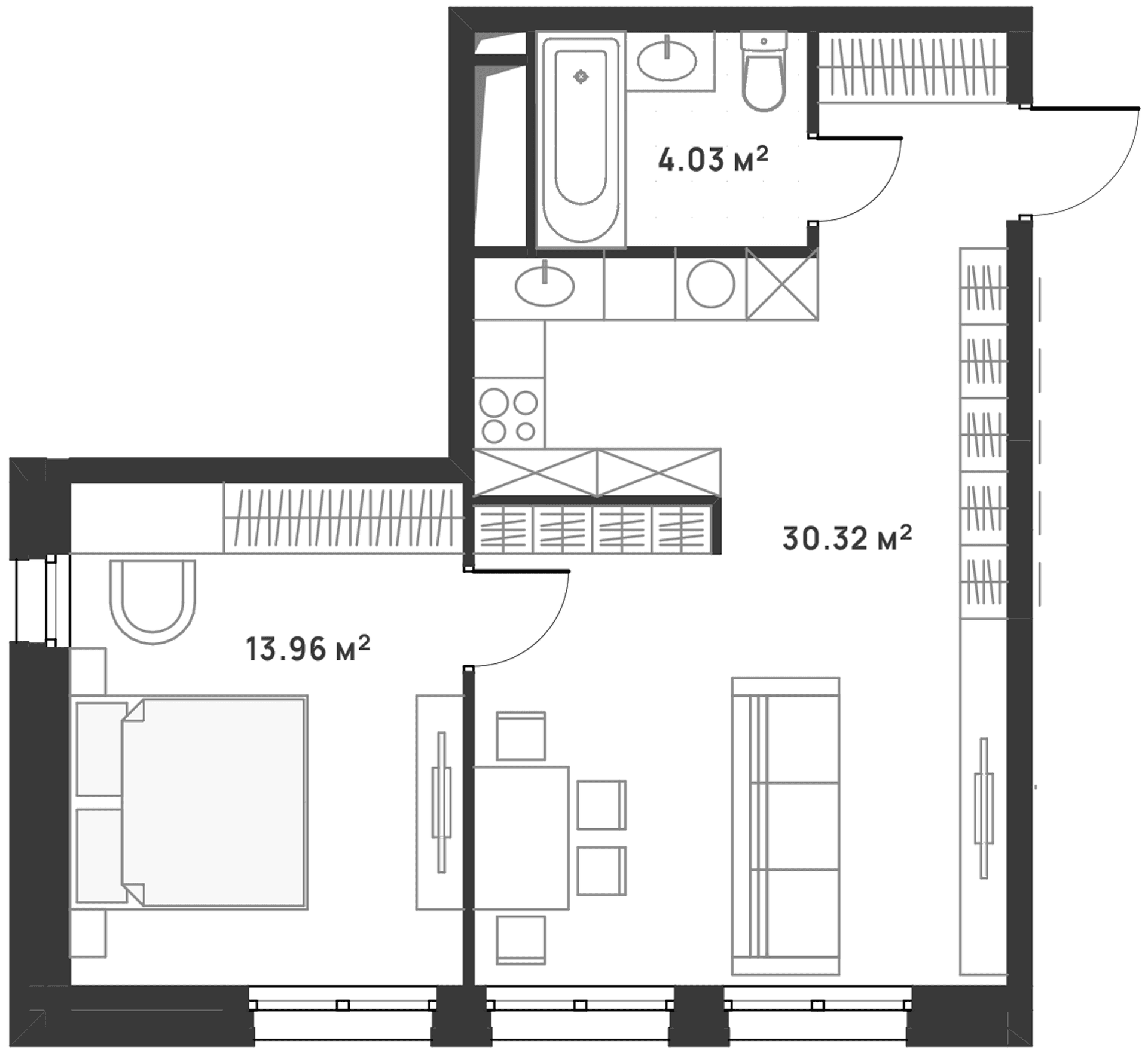 Планировка: Евродвушка 48,3 м² в ЖК «Дюна»