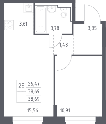 Планировка: Евродвушка 38,7 м² в ЖК «Богдановский лес»