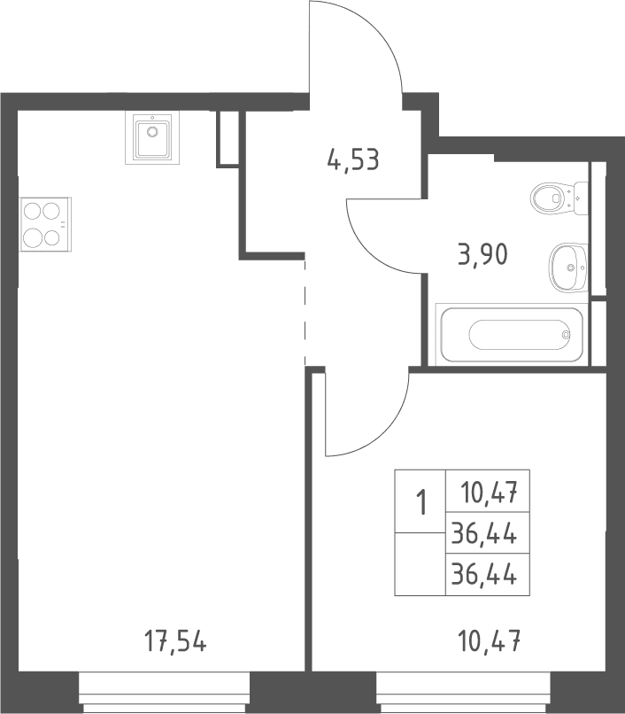 Планировка: Евродвушка 36,4 м² в ЖК «Большое Юрлово»