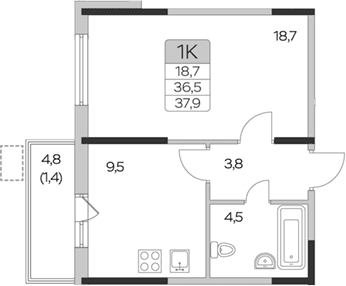 Планировка: 1-комнатная квартира 36,5 м² в ЖК «Пироговская ривьера»