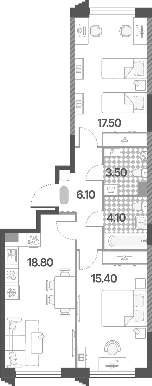 Планировка: Евротрёшка 65,4 м² в ЖК «Обручева 30»