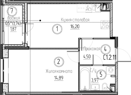 Планировка: Евродвушка 39,6 м² в ЖК «Аквилон Верба»