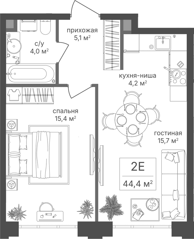 Планировка: Евродвушка 44,4 м² в ЖК «Михалковский»