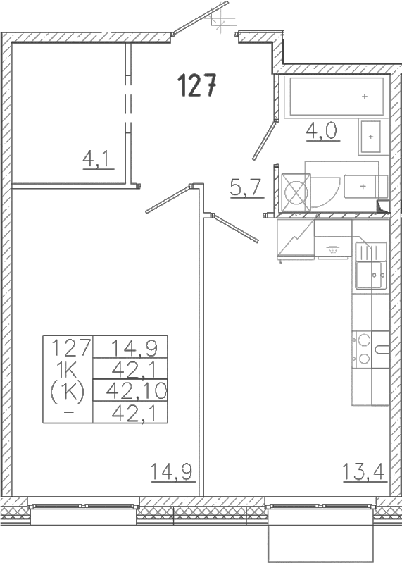 Планировка: 1-комнатная квартира 42,1 м² в ЖК «Лисино»