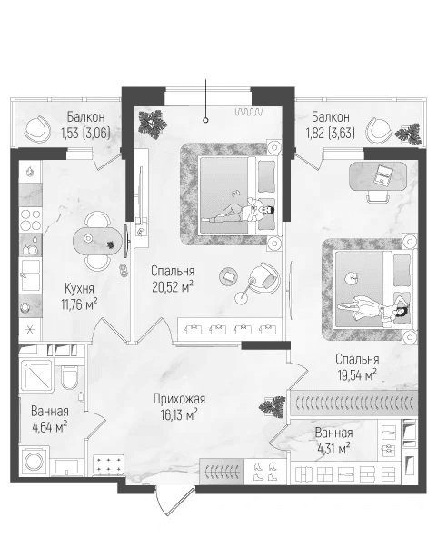 Планировка: 2-комнатная квартира 76,9 м² в ЖК «Рига Хиллс»