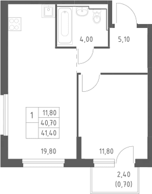 Планировка: Евродвушка 40,7 м² в ЖК «Химки Парк»