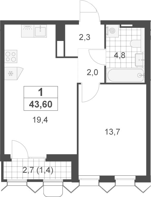 Планировка: Евродвушка 42,2 м² в ЖК «Деснаречье»