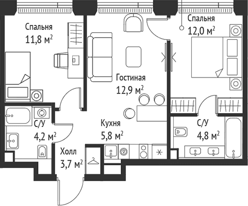 Планировка: Евротрёшка 55,3 м² в ЖК «СЕТ»