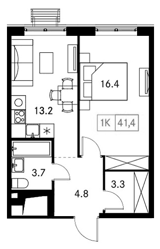 Планировка: 1-комнатная квартира 41,4 м² в ЖК «Новый Зеленоград»