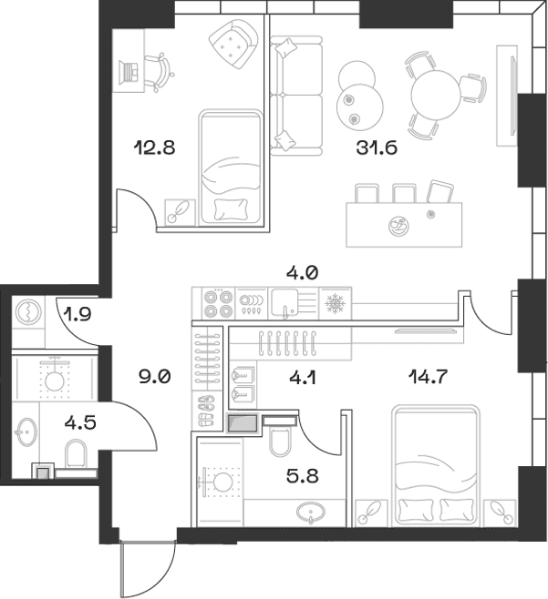 Планировка: Евротрёшка 88,1 м² в ЖК «SHIFT»