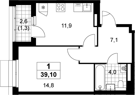 Планировка: 1-комнатная квартира 37,8 м² в ЖК «Деснаречье»
