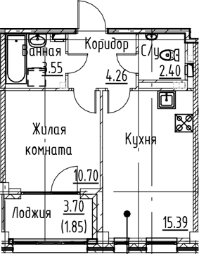 Планировка: Евродвушка 36,3 м² в ЖК «Кронфорт»