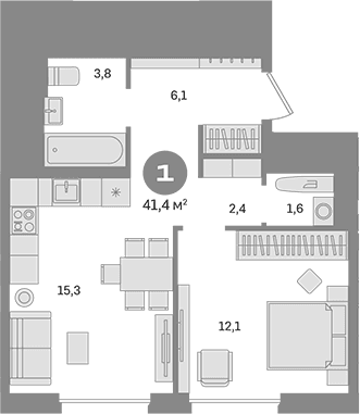 Планировка: 1-комнатная квартира 41,4 м² в ЖК «Квартал Герцена»