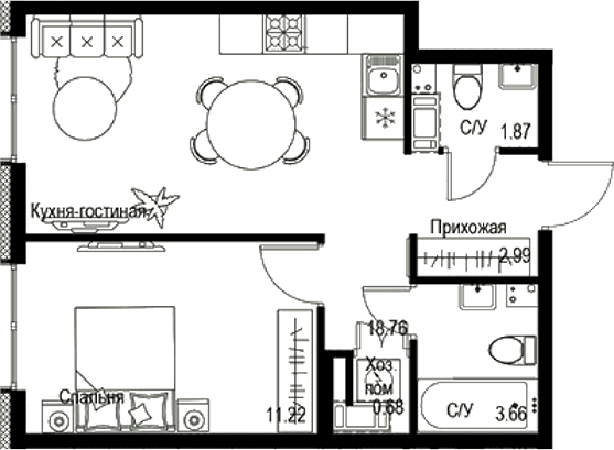 Планировка: Евродвушка 39,2 м² в ЖК «ID Petrogradskaya»