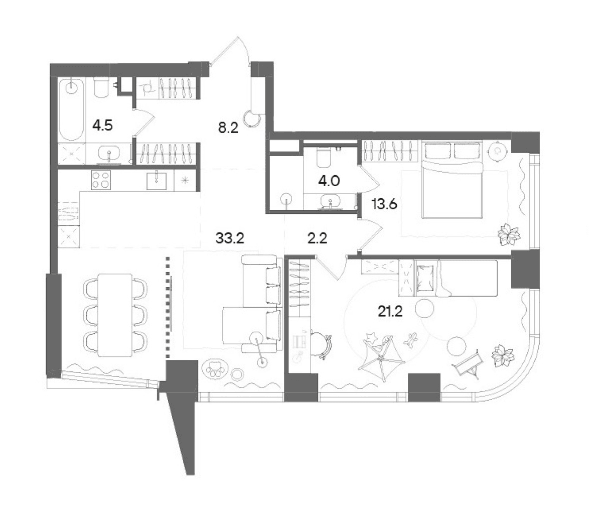 Планировка: Евротрёшка 86,9 м² в ЖК «СТОУН Блик»