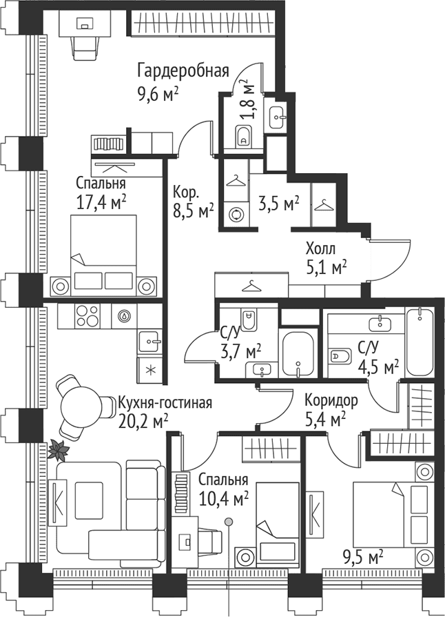 Планировка: Квартира евро-4 99,6 м² в ЖК «СЕТ»
