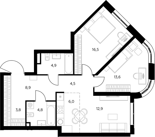 Планировка: Евротрёшка 78,5 м² в ЖК «Адмирал»