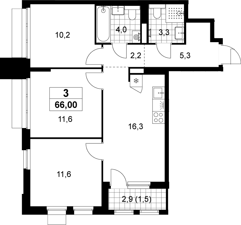 Планировка: 3-комнатная квартира 64,5 м² в ЖК «Деснаречье»