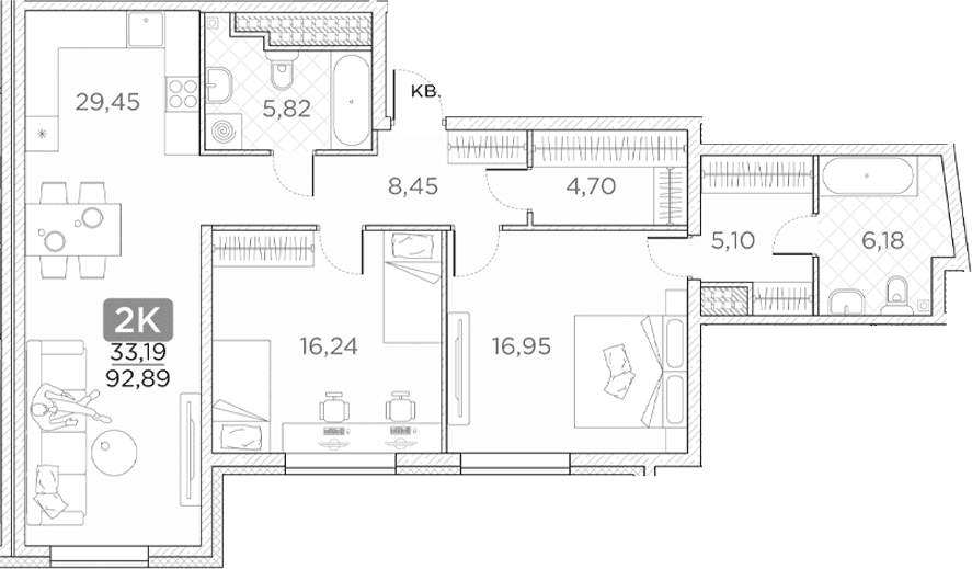 Планировка: Евротрёшка 92,9 м² в ЖК «Гильдия»