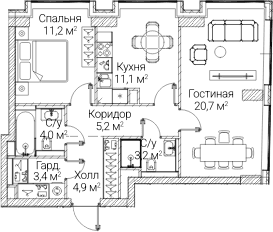 Планировка: 2-комнатная квартира 63,7 м² в ЖК «СЕЗАР БУДУЩЕЕ»