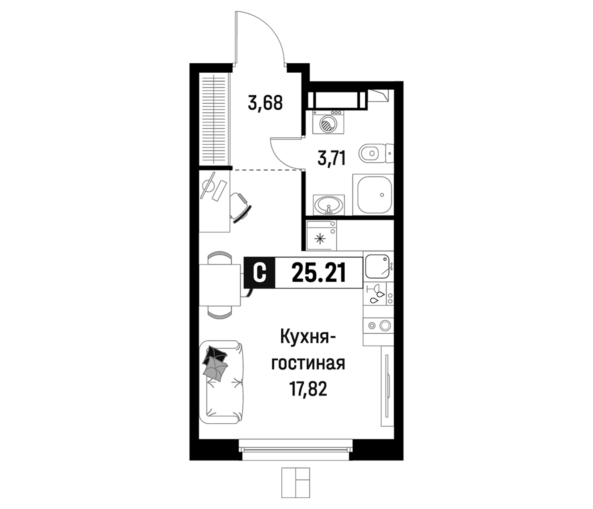 Планировка: Студия 25,2 м² в ЖК «Максималист»