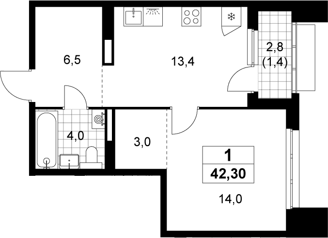 Планировка: 1-комнатная квартира 40,9 м² в ЖК «Деснаречье»