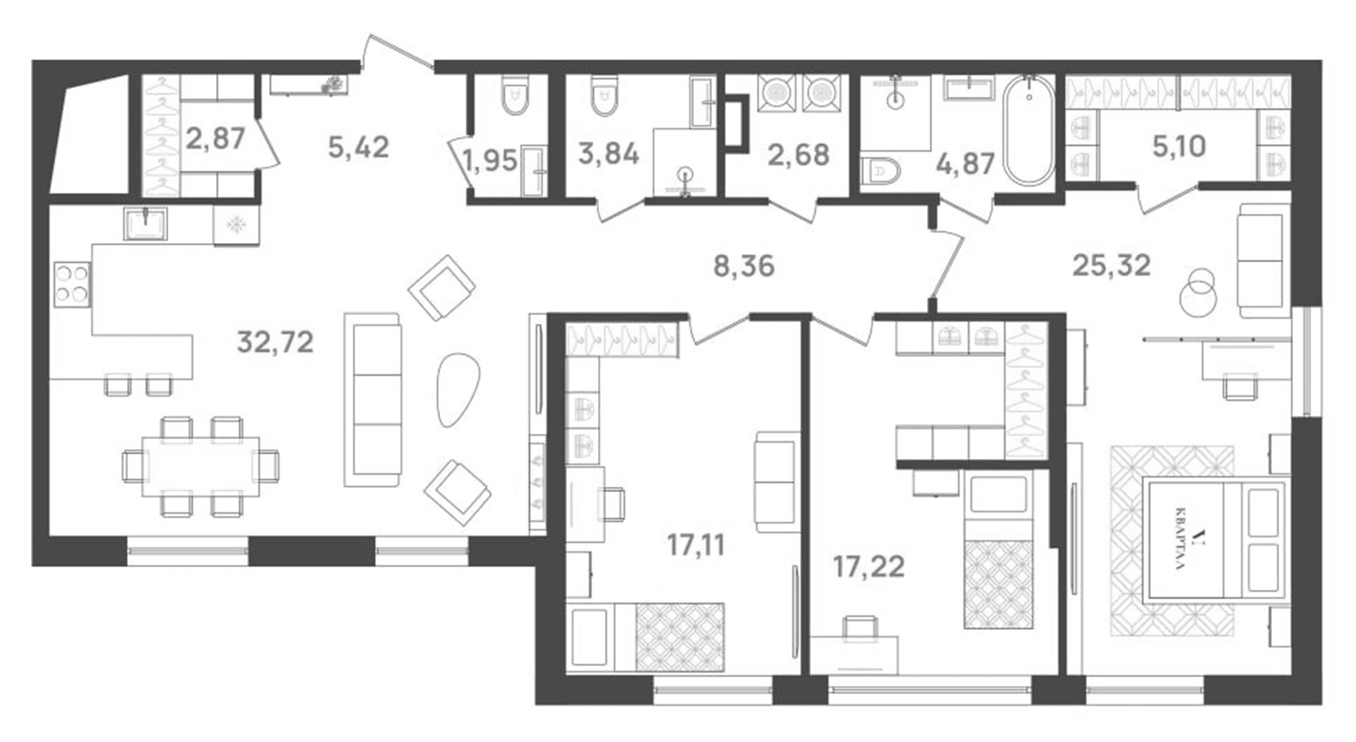 Планировка: Квартира евро-4 128,6 м² в ЖК «6 Квартал»