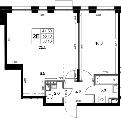 Планировка: Евродвушка 58,1 м² в ЖК «Кореневский Форт 2.3»