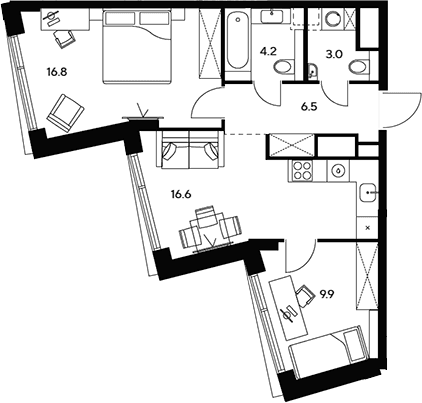 Планировка: Евротрёшка 57 м² в ЖК «НЕКСУС от Аквилон»