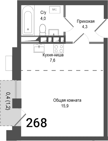 Планировка: Студия 31,8 м² в ЖК «Киноквартал»