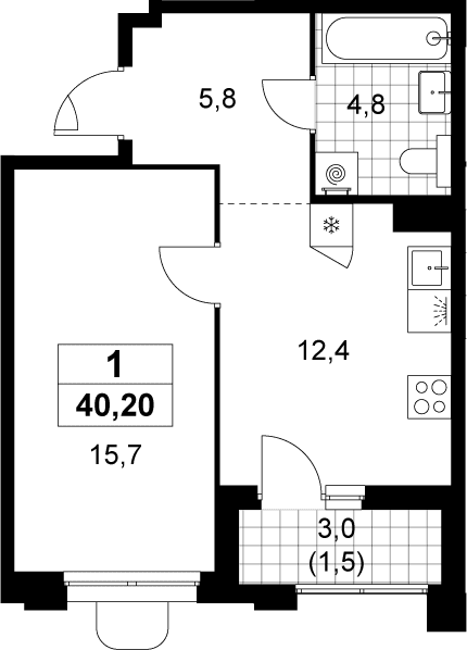 Планировка: Евродвушка 38,7 м² в ЖК «Прокшино»