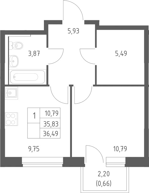 Планировка: 1-комнатная квартира 35,8 м² в ЖК «Пригород Лесное»