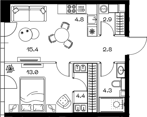 Планировка: Евродвушка 47,6 м² в ЖК «SHIFT»
