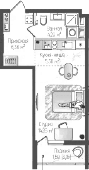 Планировка: Студия 30,2 м² в ЖК «Рига Хиллс»