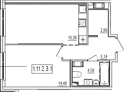 Планировка: Евродвушка 45,5 м² в ЖК «Новый Ямбург»