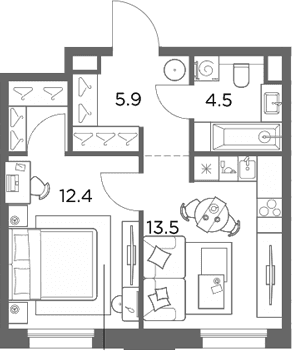 Планировка: 1-комнатная квартира 38,7 м² в ЖК «Станиславский»