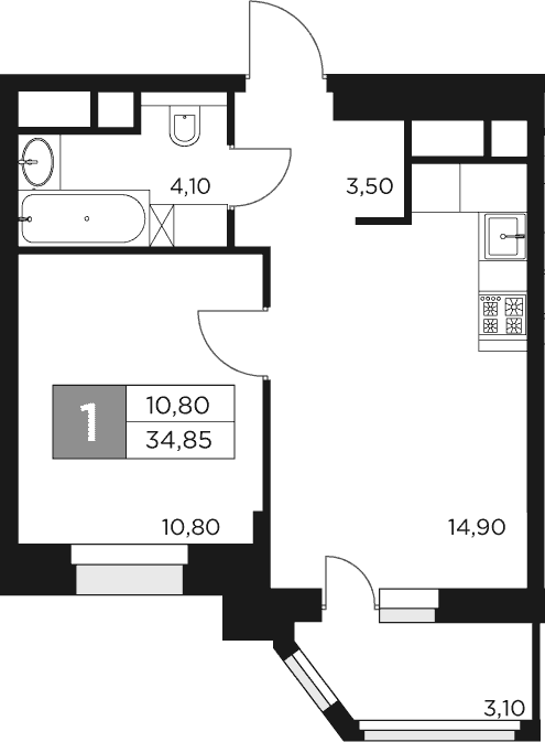Планировка: 1-комнатная квартира 33,3 м² в ЖК «Восток 2»