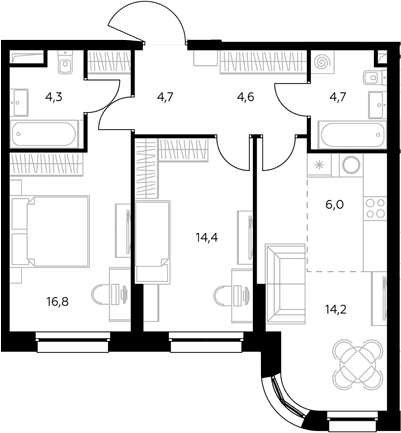 Планировка: Евротрёшка 70,9 м² в ЖК «Адмирал»