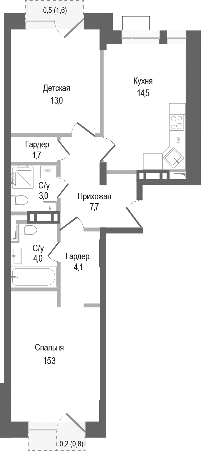 Планировка: 2-комнатная квартира 63,3 м² в ЖК «Киноквартал»