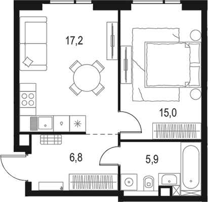 Планировка: Евродвушка 44,9 м² в ЖК «Левел Войковская»
