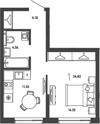 Планировка: 1-комнатная квартира 34,9 м² в ЖК «Страна.Парковая»