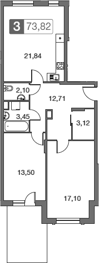 Планировка: Евротрёшка 73,8 м² в ЖК «Равновесие»