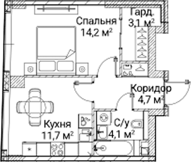 Планировка: 1-комнатная квартира 38,4 м² в ЖК «СЕЗАР БУДУЩЕЕ»